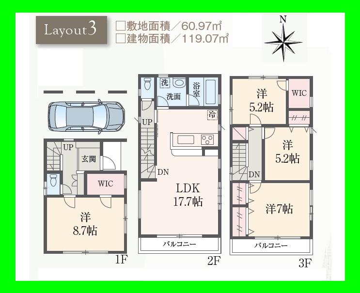 Floor plan. (3 Building), Price 44,800,000 yen, 4LDK, Land area 60.97 sq m , Building area 119.07 sq m