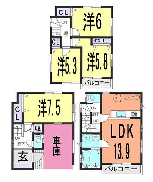 Floor plan. 28.8 million yen, 4LDK, Land area 59.04 sq m , Building area 108.69 sq m