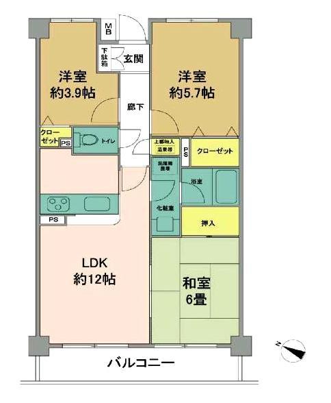 Floor plan. 3LDK, Price 13.8 million yen, Occupied area 62.83 sq m , Balcony area 7.2 sq m