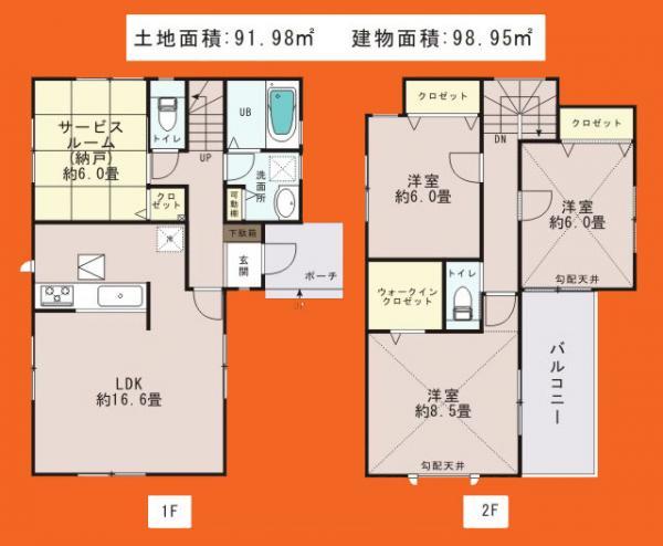 Floor plan. 21,800,000 yen, 3LDK+S, Land area 91.98 sq m , Building area 102.26 sq m