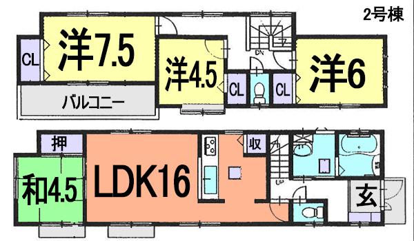 Floor plan. (Building 2), Price 21,800,000 yen, 4LDK, Land area 120.89 sq m , Building area 96.05 sq m