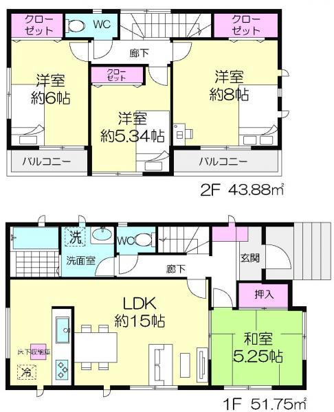 Floor plan. 26,800,000 yen, 4LDK, Land area 120 sq m , The type of building area 95.63 sq m Japanese-style room and living room are adjacent to