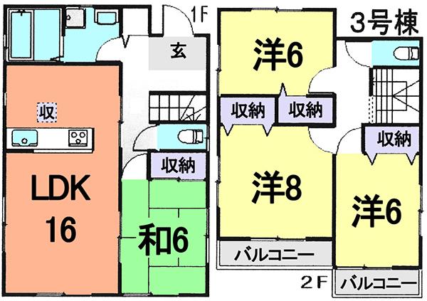 Floor plan. (3 Building), Price 29,800,000 yen, 4LDK, Land area 156.47 sq m , Building area 102.68 sq m