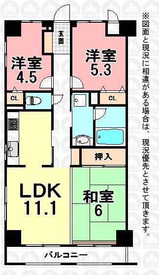 Floor plan. 3LDK, Price 17.8 million yen, Footprint 63.8 sq m , Balcony area 5.22 sq m
