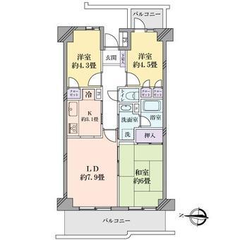 Floor plan. 3LDK, Price 9.8 million yen, Occupied area 59.69 sq m , Balcony area 12.39 sq m