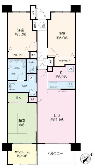 Floor plan. 3LDK, Price 21.3 million yen, Occupied area 74.45 sq m , Balcony area 6.21 sq m