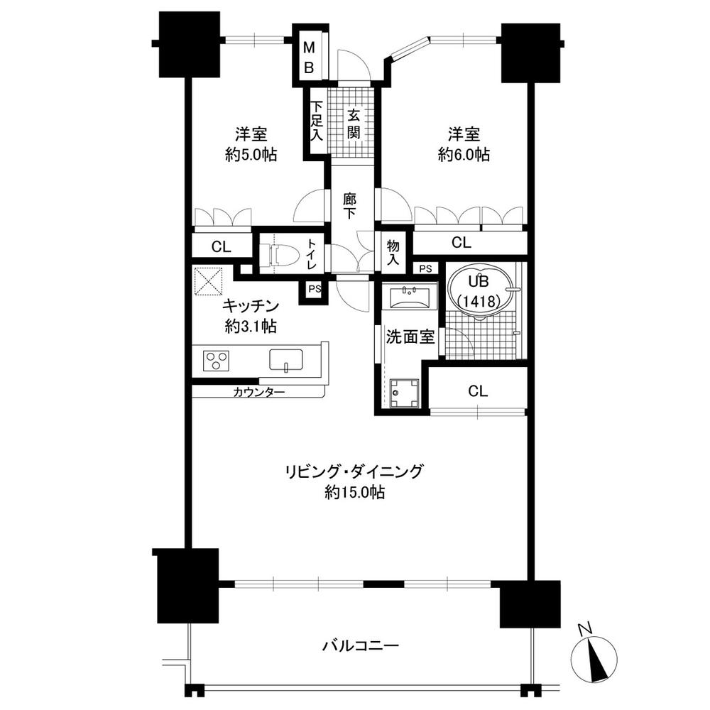 Floor plan. 2LDK, Price 31,800,000 yen, Footprint 64.1 sq m , Balcony area 12.9 sq m