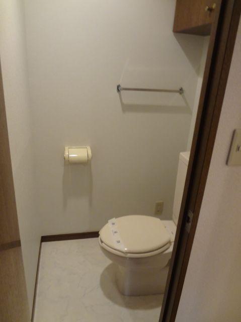 Toilet. There is a room there is a storage rack to the top. 