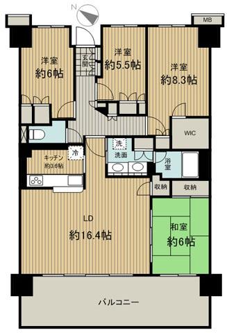 Floor plan. 4LDK, Price 42,900,000 yen, Footprint 101.38 sq m , It is wide enough even in a family of four on the balcony area 16.6 sq m 4LDK !