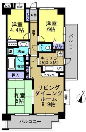 Floor plan. 3LDK, Price 12.8 million yen, Footprint 64.8 sq m , Balcony area 14.3 sq m 3LDK64.80 sq m , Southeast Corner Room