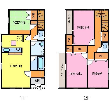 Floor plan. 37,800,000 yen, 4LDK, Land area 104.1 sq m , Building area 99.62 sq m 4LDK! W balcony 1