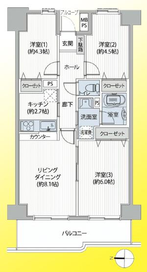 Floor plan. 3LDK, Price 13.8 million yen, Occupied area 59.69 sq m , Balcony area 9.45 sq m