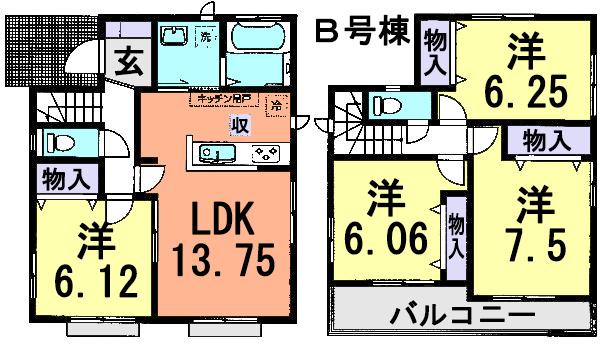 Floor plan. (B Building), Price 34,800,000 yen, 4LDK, Land area 100.08 sq m , Building area 93.35 sq m