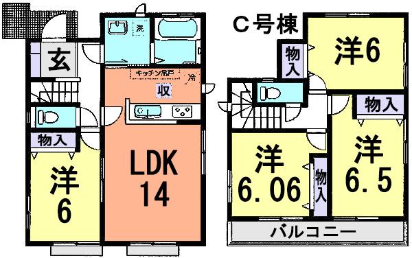 Floor plan. (C Building), Price 34,800,000 yen, 4LDK, Land area 100.08 sq m , Building area 91.08 sq m
