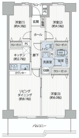 Floor plan. 3LDK, Price 13.8 million yen, Occupied area 59.69 sq m , Balcony area 9.45 sq m