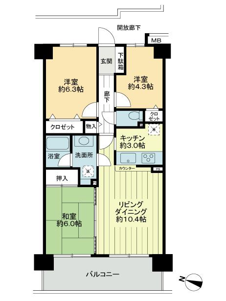 Floor plan. 3LDK, Price 13.8 million yen, Footprint 64.2 sq m , Balcony area 10.2 sq m