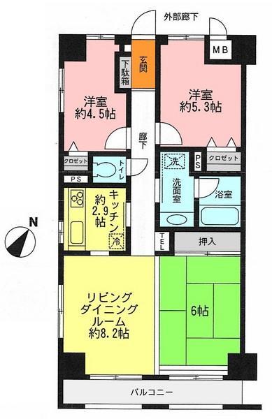 Floor plan. 3LDK, Price 17.8 million yen, Footprint 63.8 sq m , Balcony area 5.22 sq m
