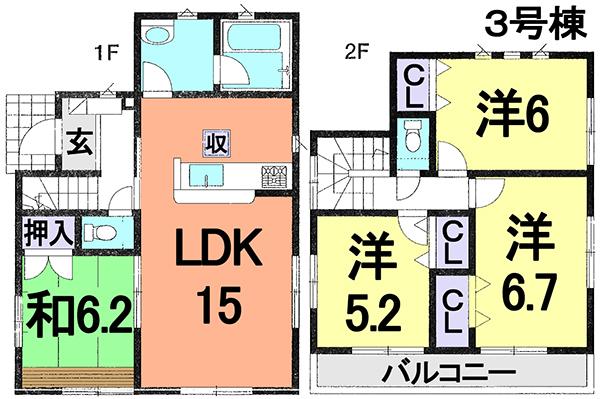 Floor plan. (3 Building), Price 24,800,000 yen, 4LDK, Land area 107.69 sq m , Building area 85.85 sq m