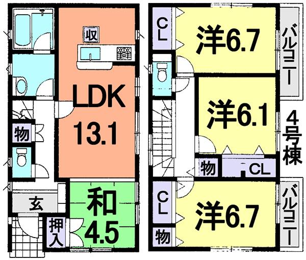 Floor plan. (4 Building), Price 21,800,000 yen, 4LDK, Land area 114.92 sq m , Building area 90.91 sq m