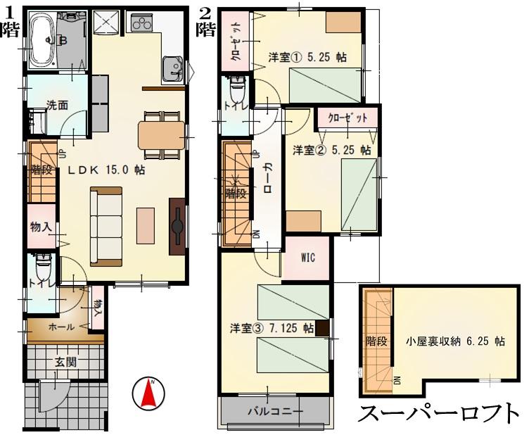 Floor plan. 27,800,000 yen, 3LDK, Land area 80.66 sq m , Building area 83.63 sq m 3DK + storeroom Shimon road sun per good Spacious attic space Available as one of the living room!  It can also be used as a room for your hobby of husband. 