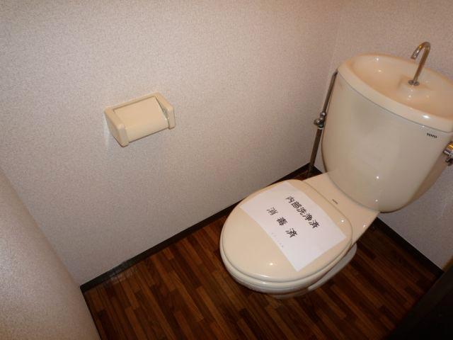 Toilet. Toilet is attached sheet of flooring tone. 