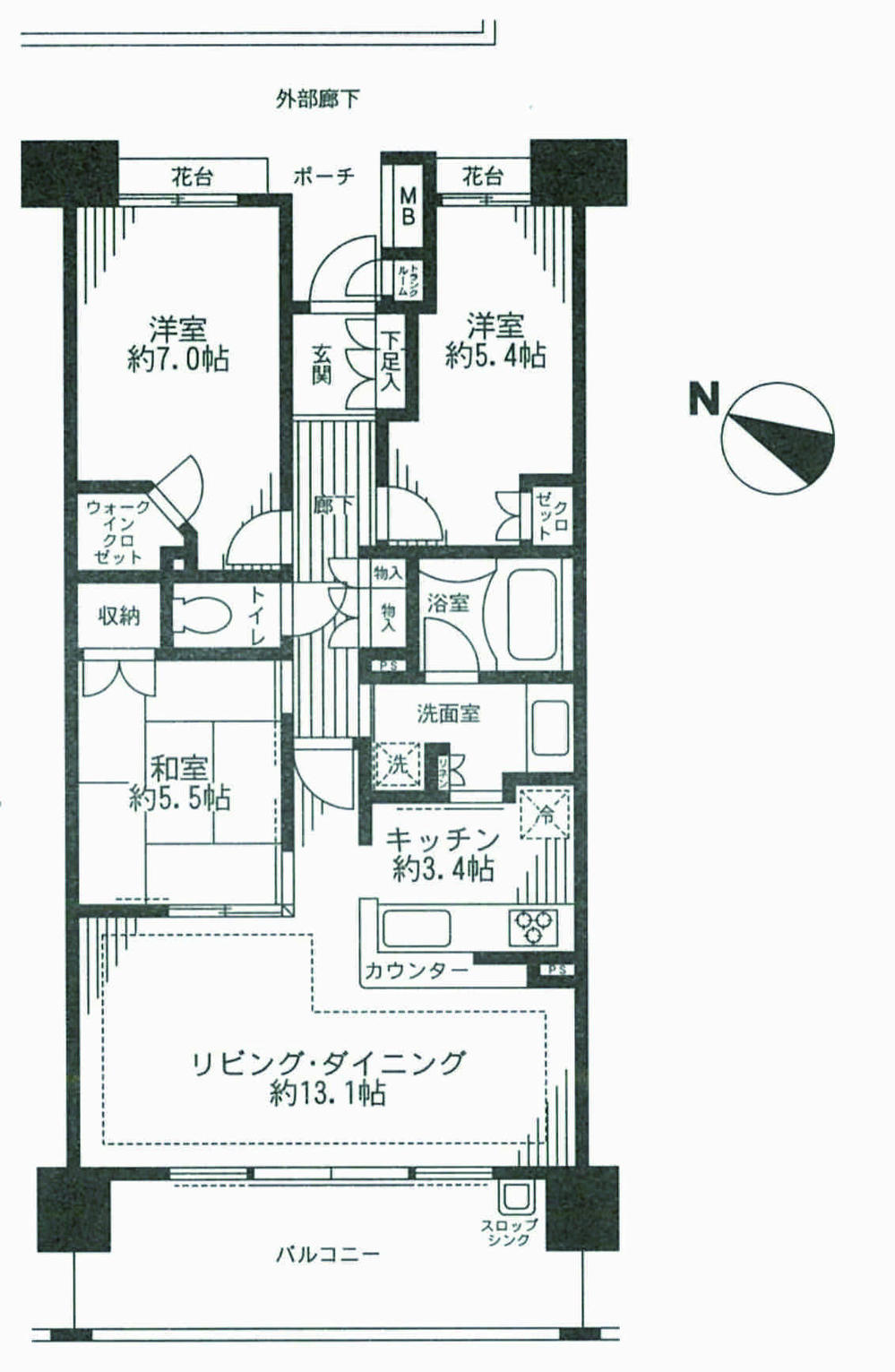 Floor plan. 3LDK, Price 26,300,000 yen, Occupied area 76.22 sq m , Balcony area 12.8 sq m