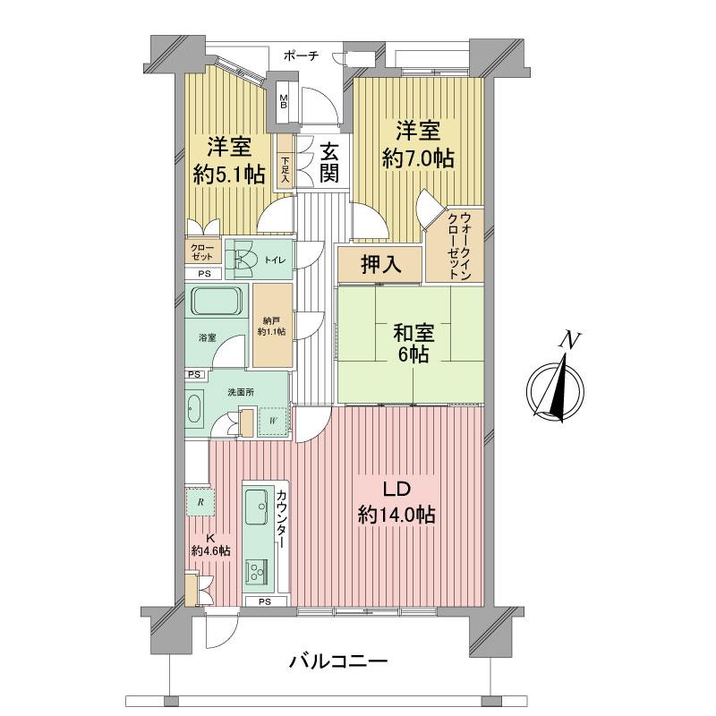 Floor plan. 3LDK, Price 27,800,000 yen, Footprint 84.7 sq m , Balcony area 14.2 sq m