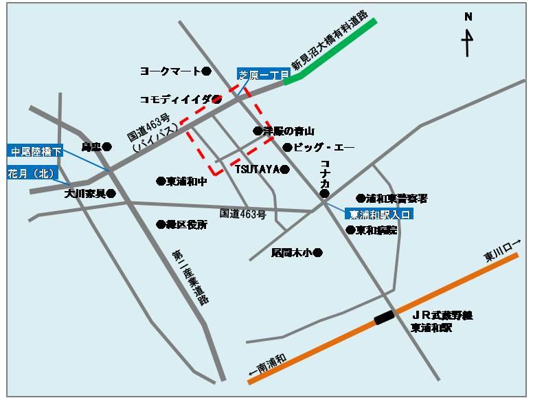 Local guide map. International Kogyo bus "Baba turned-back field" or take the "Saitama east office" go bus from the east Urawa Station "Shibahara Third Street" stop and get off
