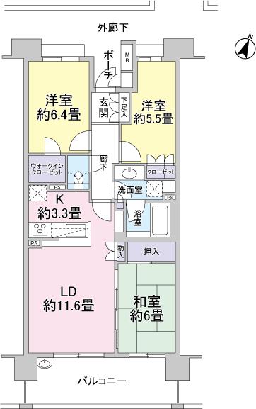 Floor plan. 3LDK, Price 25,900,000 yen, Occupied area 73.78 sq m , Balcony area 12.4 sq m