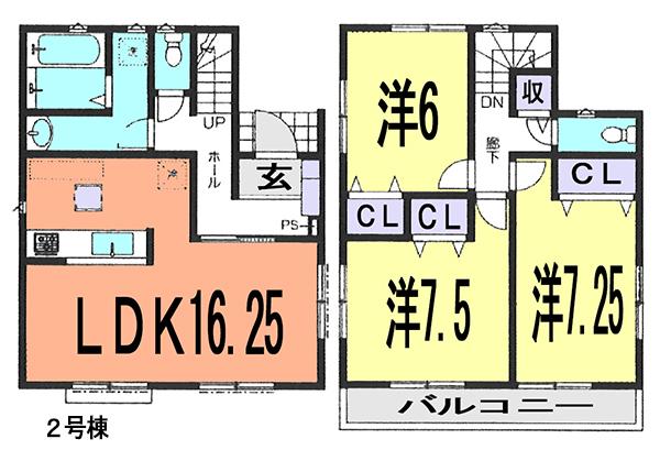 Floor plan. (Building 2), Price 28,300,000 yen, 3LDK, Land area 90.63 sq m , Building area 90.25 sq m
