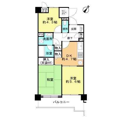 Floor plan. 3DK, Price 8.9 million yen, Occupied area 52.29 sq m , Balcony area 7.69 sq m