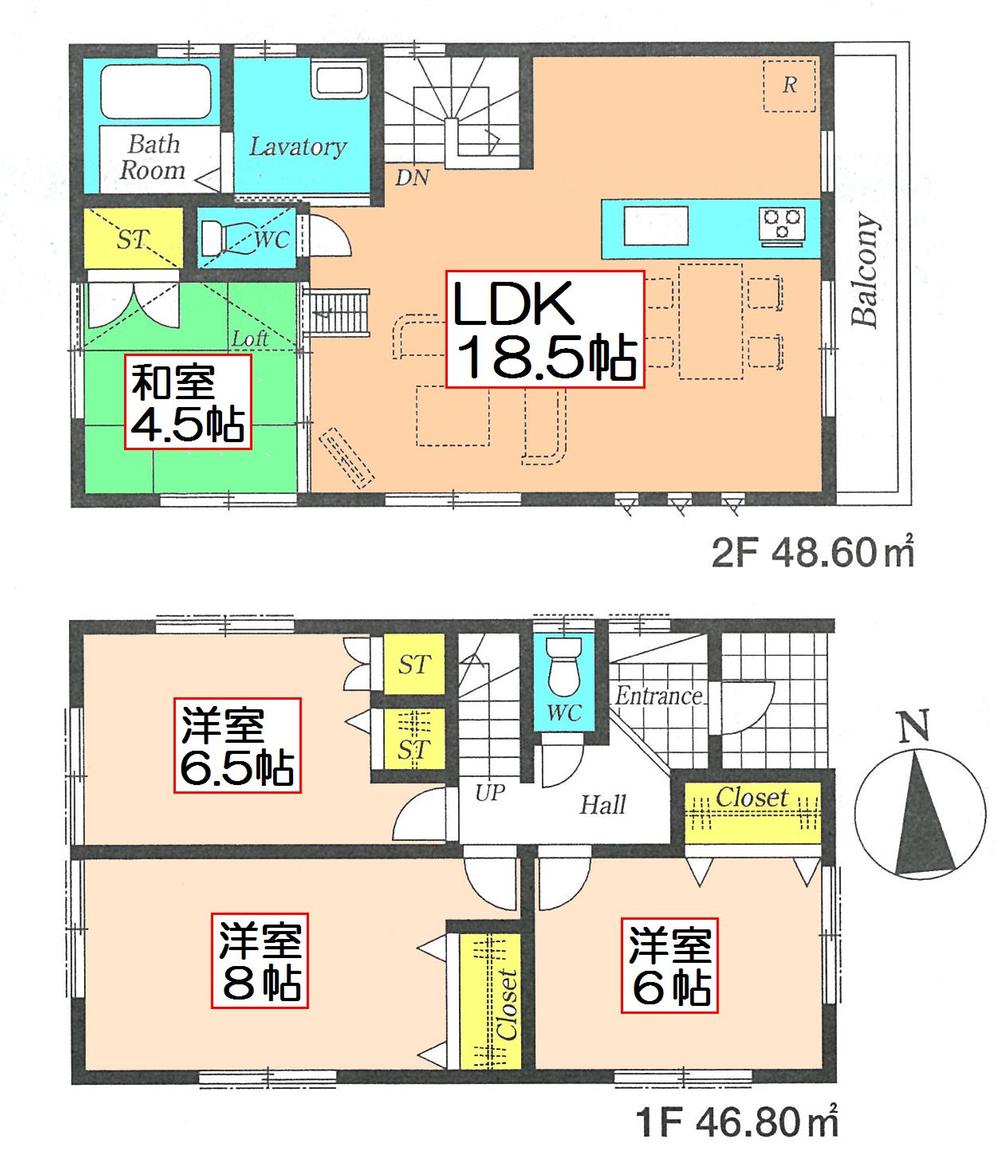 Floor plan. (Building 2), Price 37,800,000 yen, 4LDK, Land area 85.65 sq m , Building area 94.77 sq m