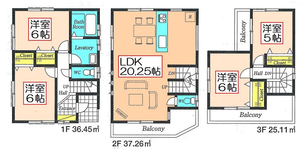 Floor plan. (3 Building), Price 36,800,000 yen, 4LDK, Land area 93.42 sq m , Building area 98.42 sq m