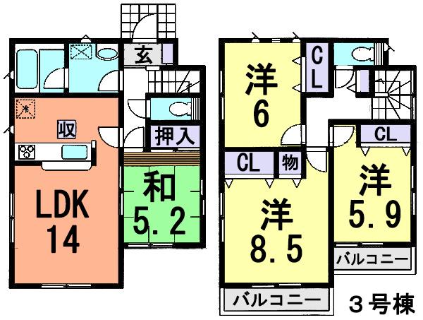 Floor plan. (3 Building), Price 27,800,000 yen, 4LDK, Land area 110.05 sq m , Building area 92.74 sq m