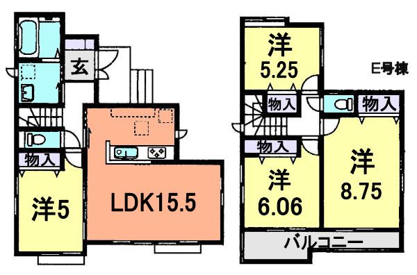Floor plan. (E Building), Price 33,300,000 yen, 4LDK, Land area 132.22 sq m , Building area 95.64 sq m