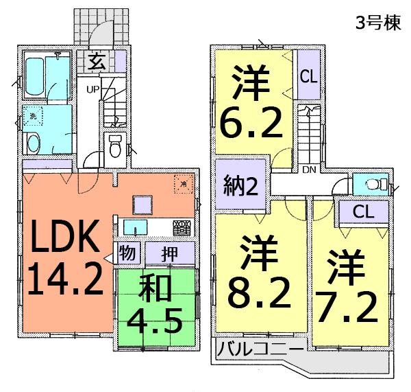 Floor plan. (3 Building), Price 26,800,000 yen, 4LDK, Land area 107.68 sq m , Building area 94.76 sq m