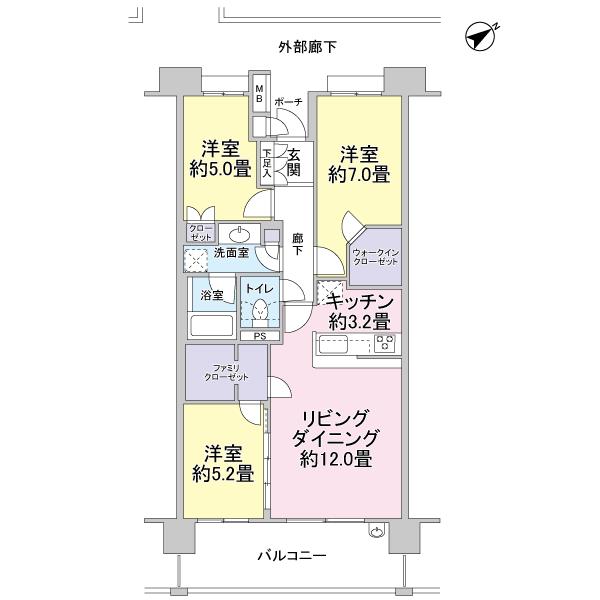 Floor plan. 3LDK, Price 26,800,000 yen, Occupied area 76.22 sq m , Balcony area 12.8 sq m