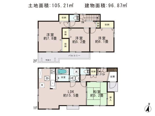 Floor plan. (6 Building), Price 33,800,000 yen, 4LDK, Land area 105.21 sq m , Building area 96.87 sq m