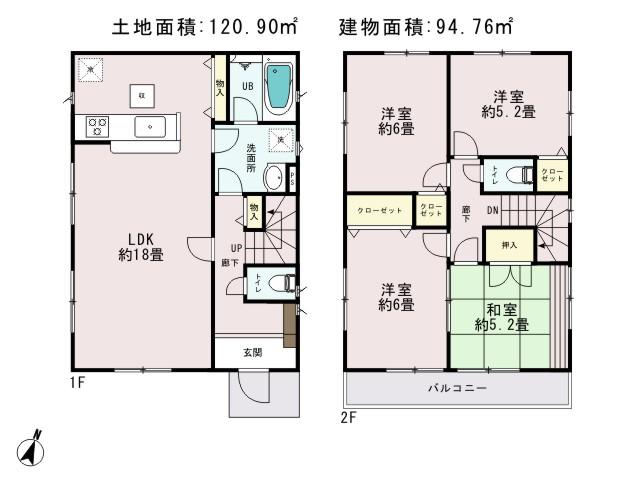 Floor plan. 28.8 million yen, 4LDK, Land area 120.9 sq m , Building area 94.76 sq m