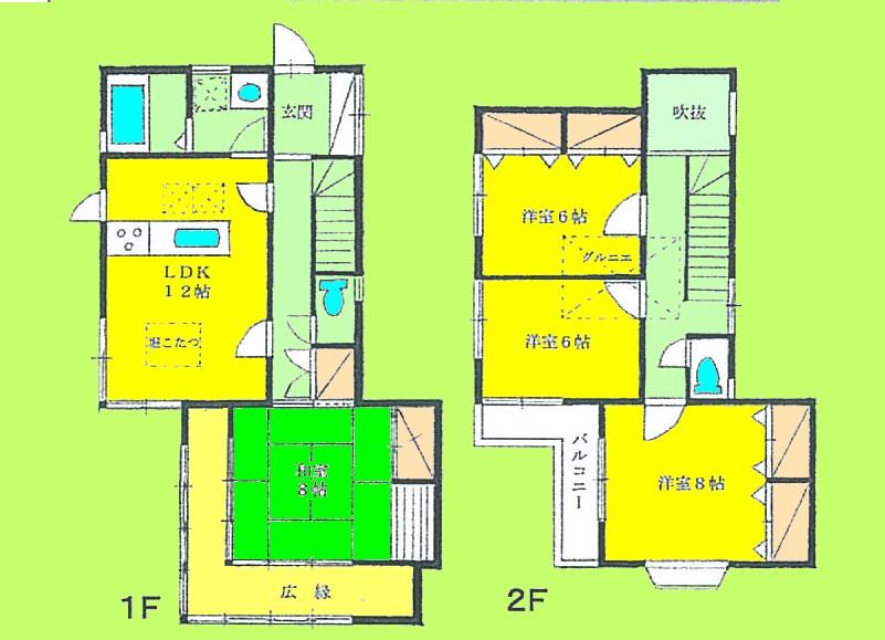 Floor plan. 25,800,000 yen, 4LDK, Land area 222.25 sq m , Building area 113.86 sq m   ■ Spacious grounds 67 pyeong! Car spaces 3 units can be!  ■ Also spacious southwest garden!  ■ Face-to-face kitchen! It is with a digging your stand!  ■ Attic with storage!  ■ 1F Japanese-style room 8 quires wide with green ■ With preview same day delivery Allowed to Check