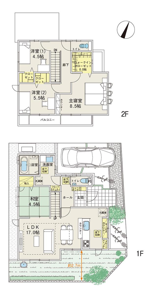 Floor plan.  [No. 1 destination] So we have drawn on the basis of the Plan view] drawings, Plan and the outer structure ・ Planting, etc., It may actually differ slightly from. Also, car ・ bicycle ・ Consumer electronics ・ furniture ・ Furniture etc. are not included in the price. 
