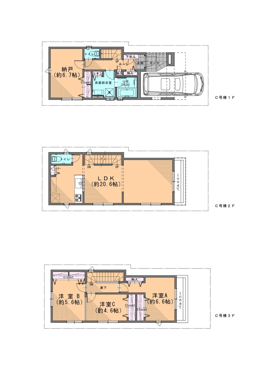Floor plan. (3 Building), Price 34,005,000 yen, 3LDK+S, Land area 65.91 sq m , Building area 114.81 sq m