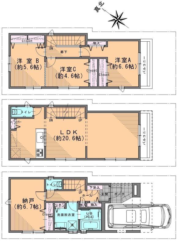 Floor plan. 34,005,000 yen, 3LDK+S, Land area 65.91 sq m , Building area 114.81 sq m