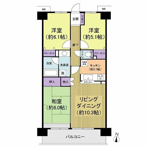 Floor plan. 3LDK, Price 12.3 million yen, Occupied area 68.26 sq m , Balcony area 9.22 sq m south-facing