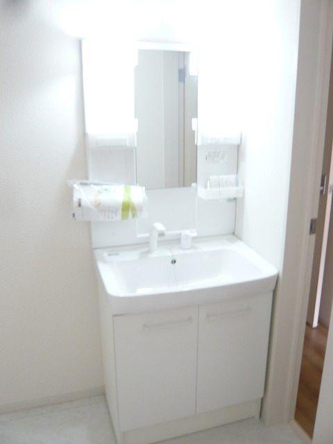 Wash basin, toilet. White shampoo dresser. Behind the Mirror has become the storage. 