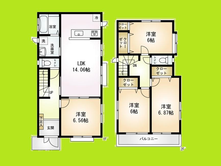 Floor plan. 32,800,000 yen, 4LDK, Land area 107 sq m , Building area 96.88 sq m Station 15-minute walk ・ Good location popular counter kitchen of Tsuzukiai Western-style is attractive same day your tour Allowed parallel two spacious car space in the popularity of readjustment land