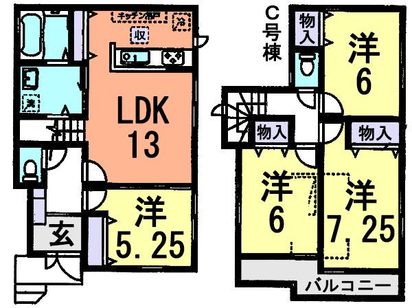 Floor plan. (C Building), Price 33,200,000 yen, 4LDK, Land area 83.88 sq m , Building area 90.87 sq m