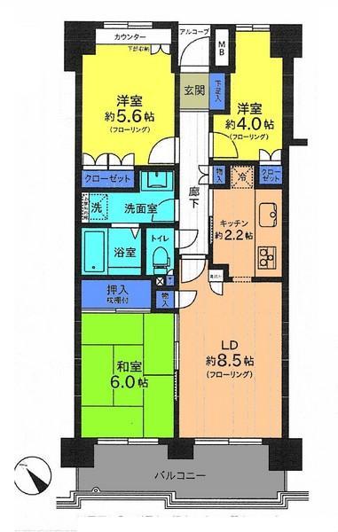 Floor plan. 3LDK, Price 20,980,000 yen, Occupied area 63.12 sq m , Balcony area 9.18 sq m