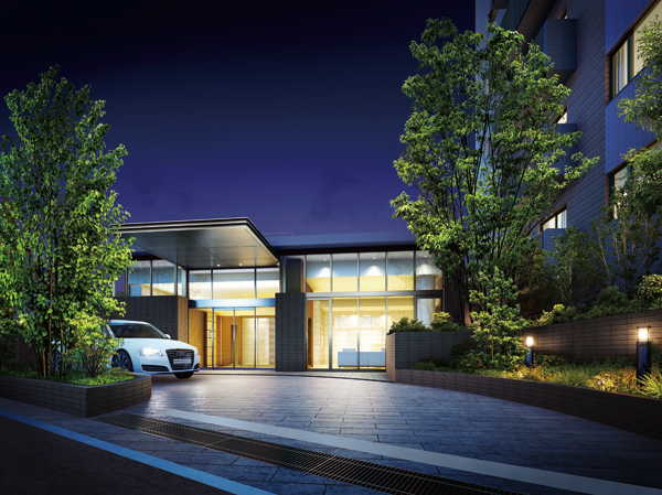 Features of the building.  [Entrance Rendering] Glass paste of the entrance hall has been independent of the residence building. Space of the atrium is filled beautifully in bright natural beauty.