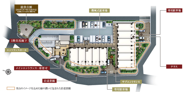 Features of the building.  [Site layout] In the room there is on-site, Efficient planning of two residential buildings. Such as the entrance to a separate building, It has achieved a highly independent and the open feeling of living space.